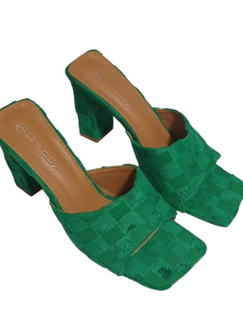 Unilady Women's Kelly Green Checkered Block Heel Sandals-Size 9